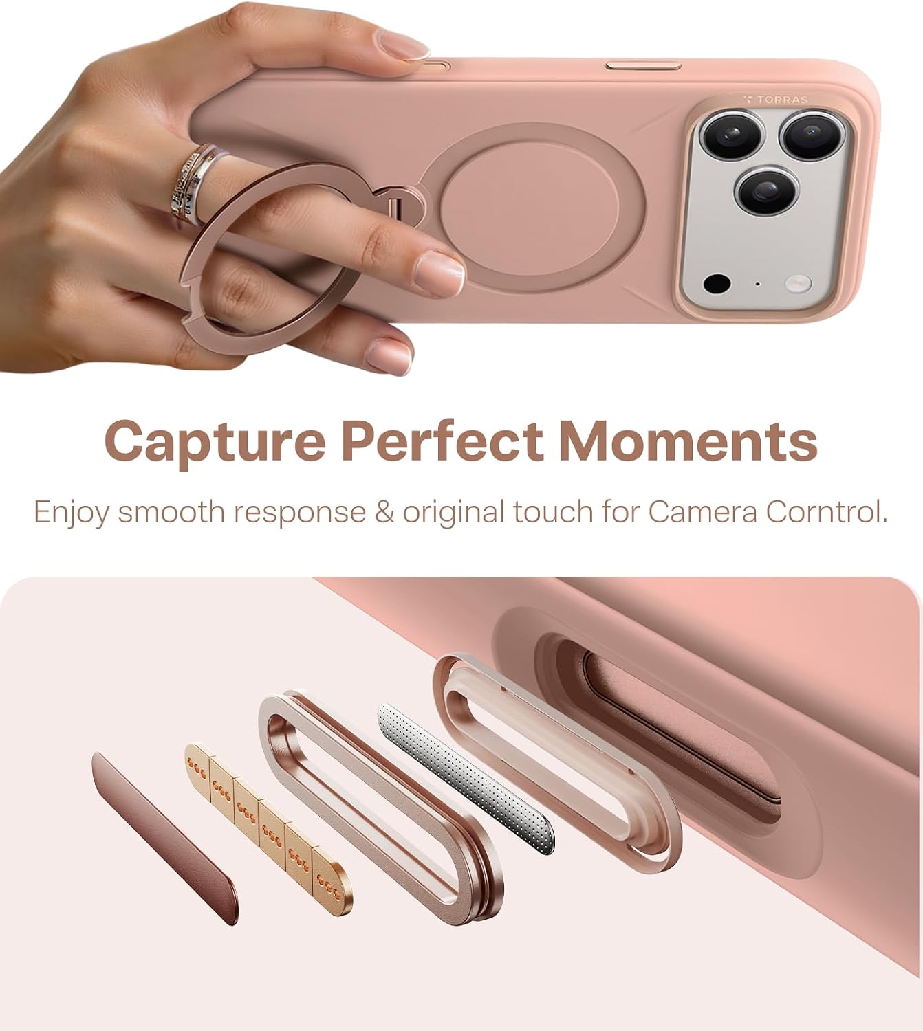 Detalle de TORRAS Q3 Silicone Case for iPhone 17 Pro Max with MagSafe Stand, Bliss Pink
