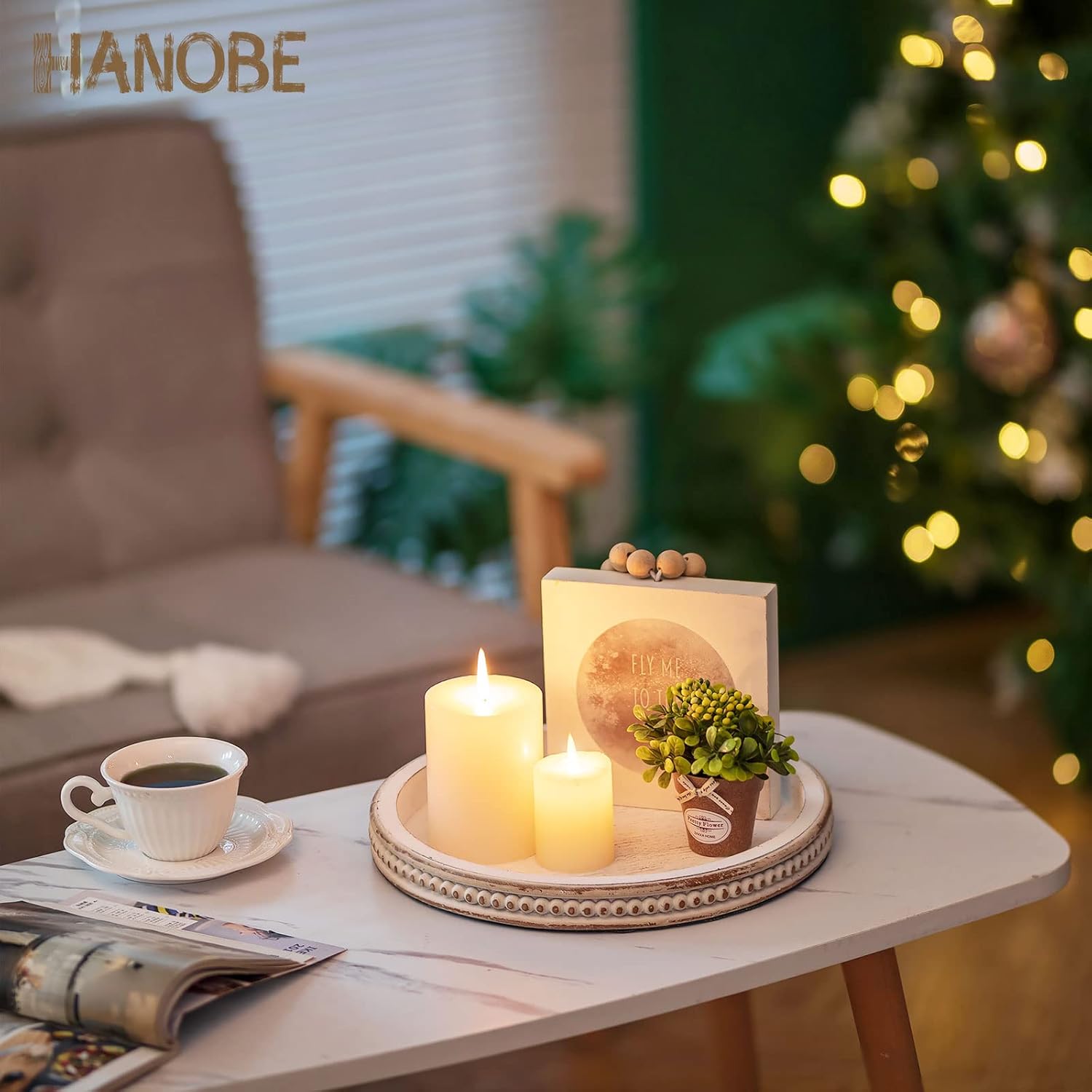 Detalle 2 de Hanobe Round Wooden Tray for Coffee Table Decor 🟡