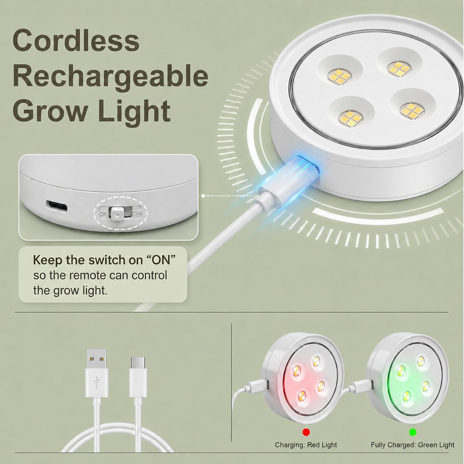 Detalle 2 de sooogd SD0018A3 6-Pack Rechargeable Grow Lights with Magnetic Mount and Remote