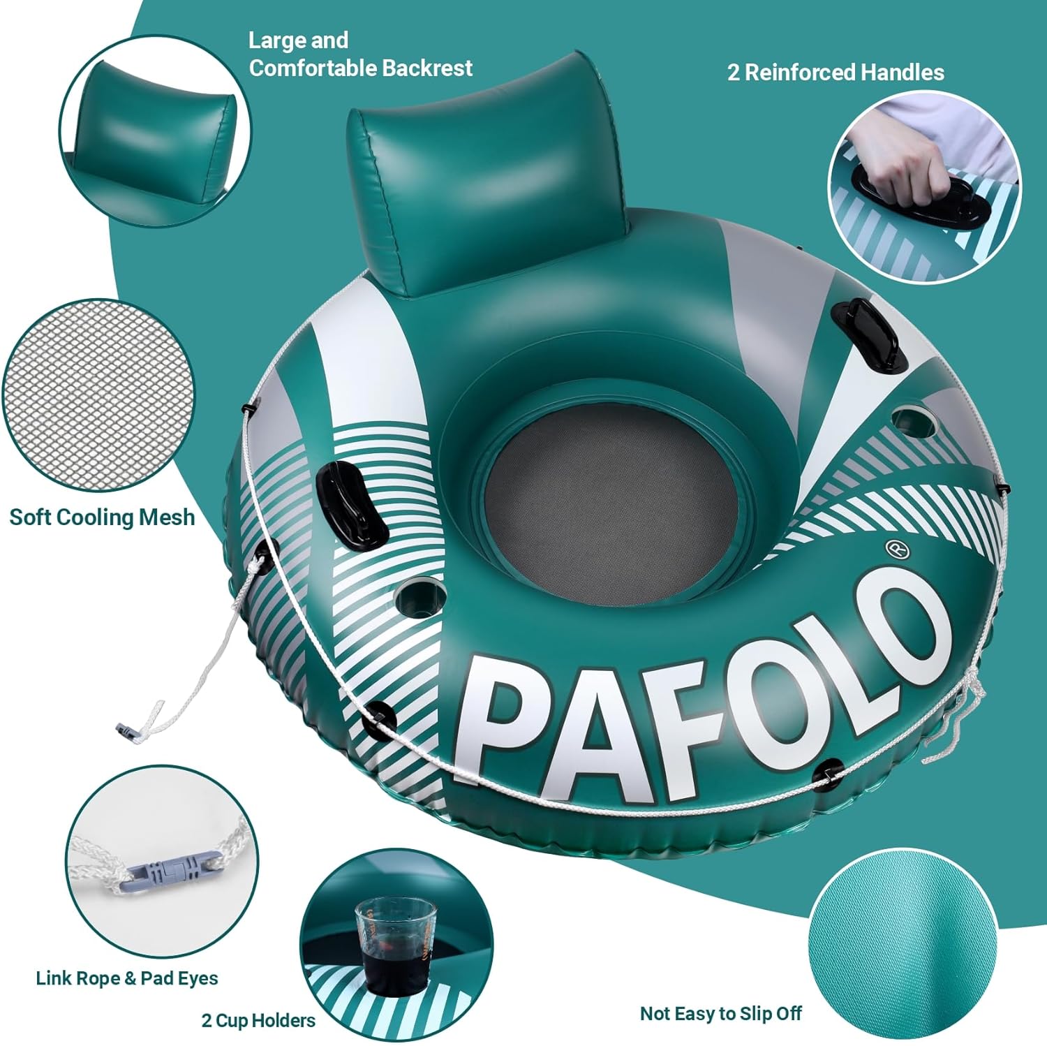 Detalle de PAFOLO 53" Heavy Duty River Tube for Adults with Mesh Seat, Headrest, Grab Rope and Cup Holders