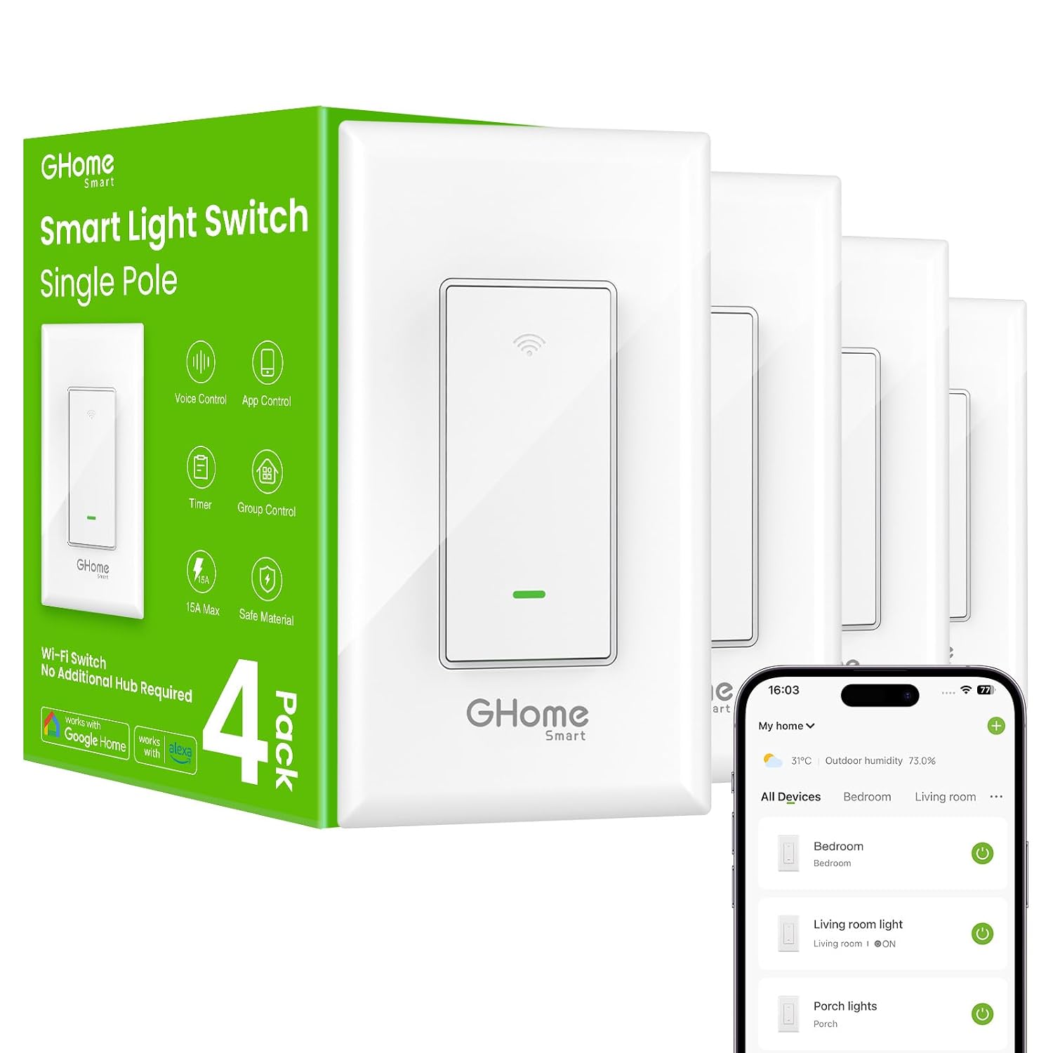 Detalle de GHome Smart SW5 Smart Light Switches, 4-Pack, Wi-Fi, Alexa and Google Control