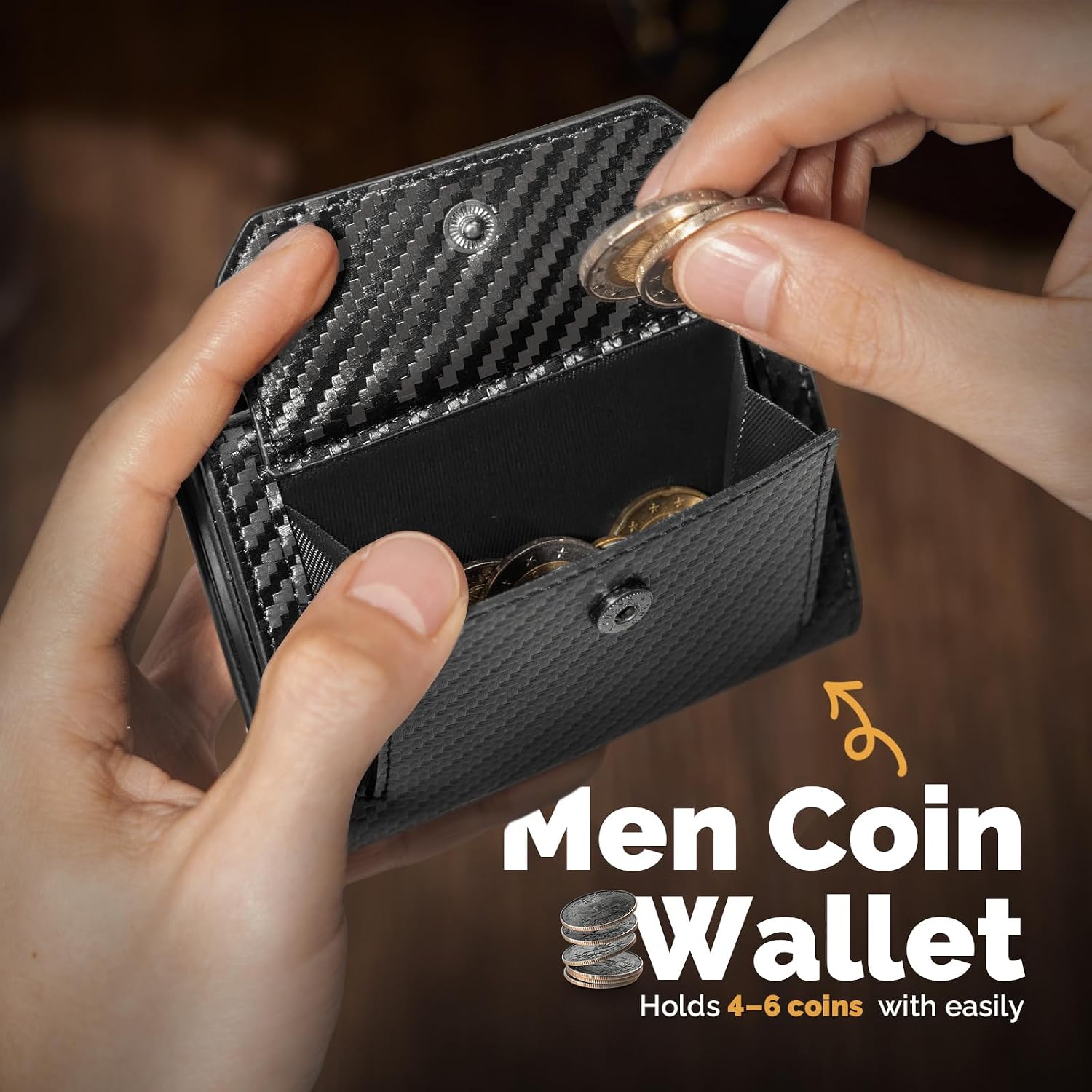 Detalle 2 de YESIIW Airtag mens wallet with RFID protection, coin pocket & money clip (carbon fibre)
