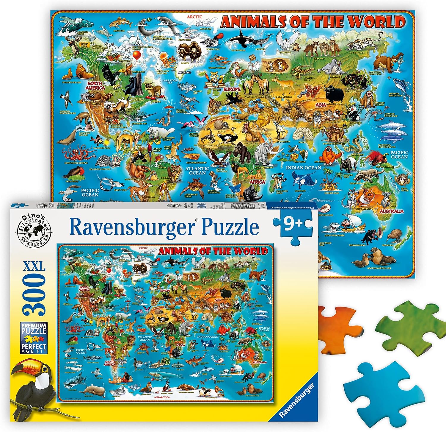 Detalle de Ravensburger Kinderpuzzle 13257 „Tiere rund um die Welt“ – 300-Teile XXL-Weltkarte für Kinder ab 9 Jahren