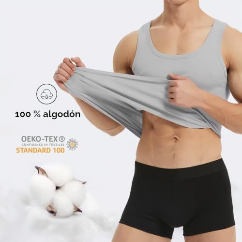 Detalle de YouShow Camisetas Tirantes Hombre 100% Algodón — Pack 3 (Negro, Blanco, Gris) talla L