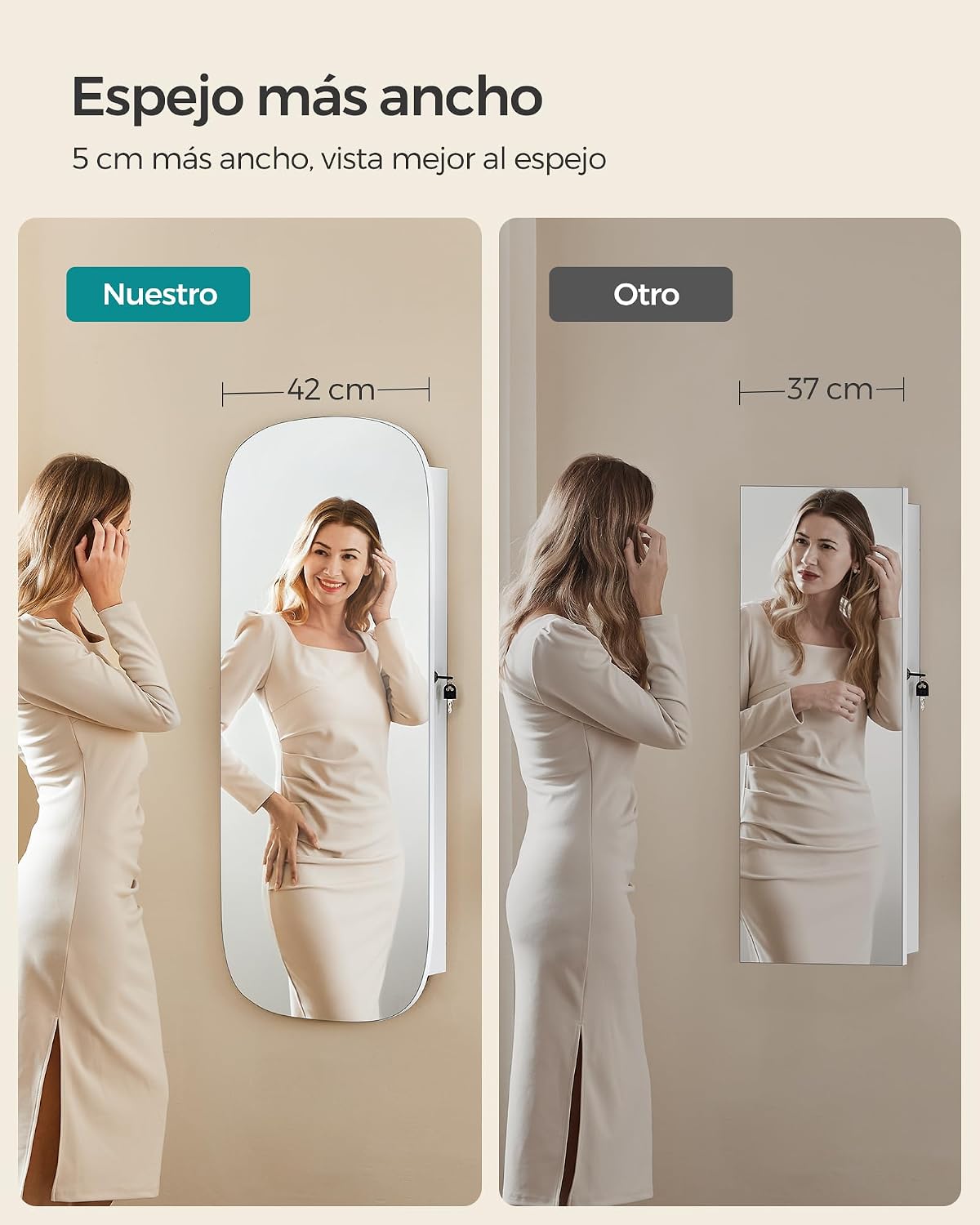 Detalle de SONGMICS JJC026W01: armario para joyas de pared con espejo, luz LED y cerradura