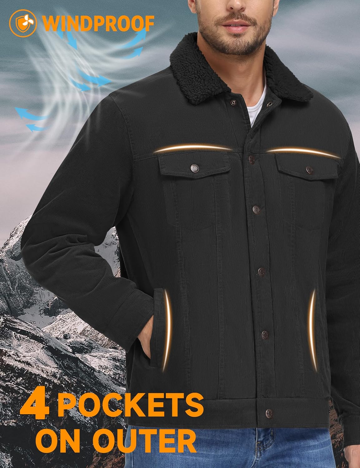 Detalle 2 de MAGNIVIT MT-481-L22M687 Men's Corduroy Jacket, Fleece-Lined, 5 Pockets