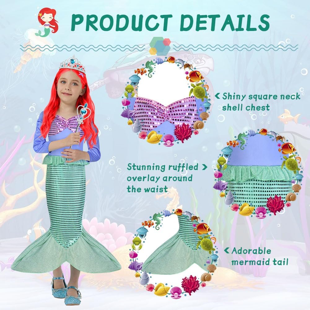 Detalle de AUYAO Vestito Sirenetta per Bambina – Costume di Prinsesi Ariel con Parrucca e Corono