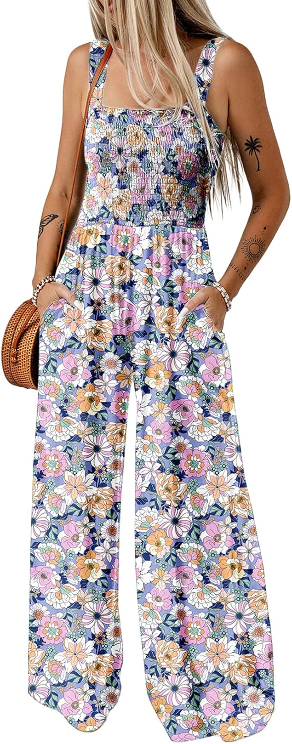 Detalle de Dokotoo Damen Jumpsuit Sommer Blumenmuster – Latzhose mit Taschen, Weite Beine, Größen S–2XL