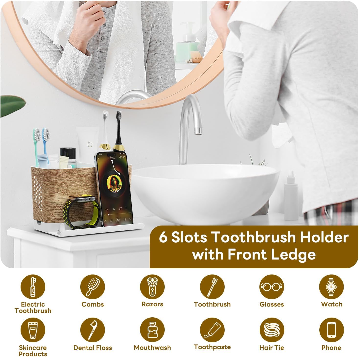 Detalle de toprance Detachable Wood Grain Toothbrush Holder with 6 Slots, Front Ledge & Cord-friendly Design