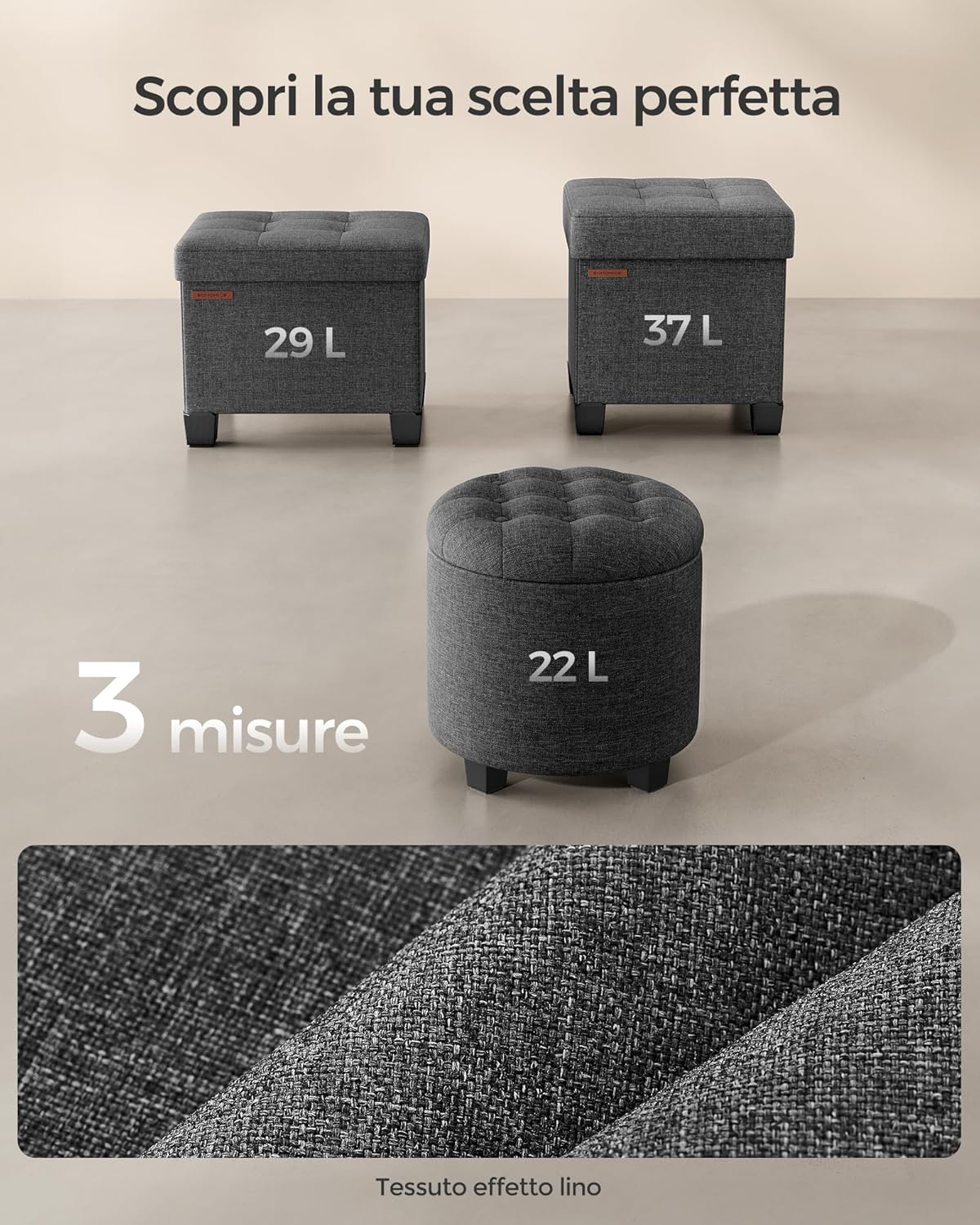 Thumbnail 5 de SONGMICS LOM011G01V1 pouf contenitore rotondo grigio scuro 45 x 45 x 44,5 cm