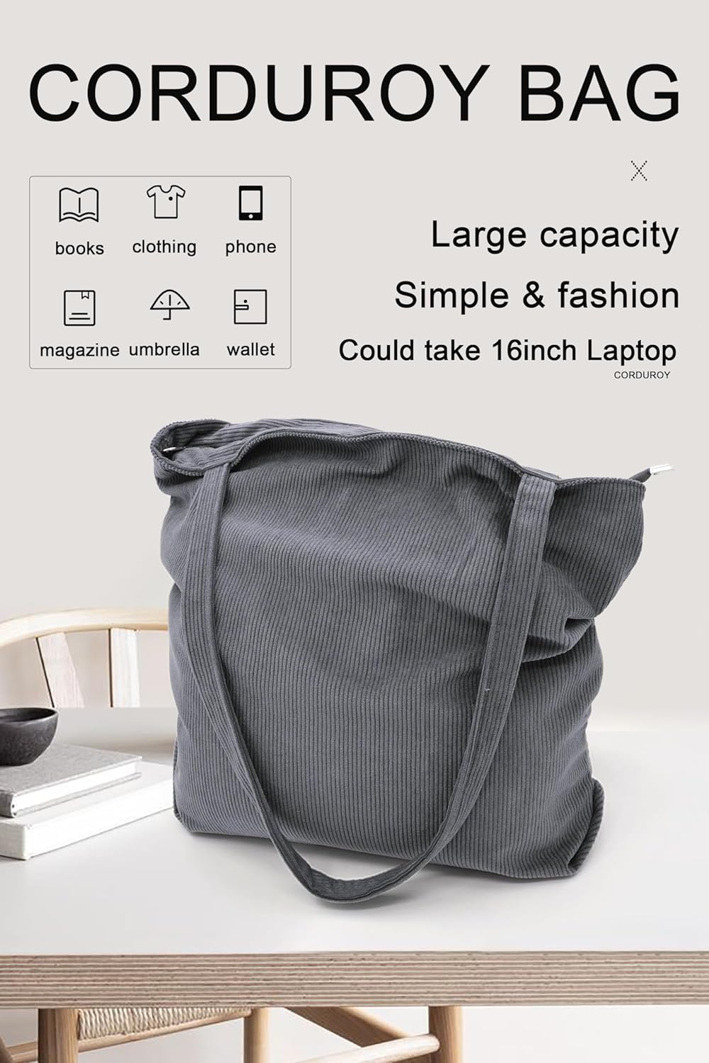 Detalle 2 de Cord Tasche Damen Umhängetasche Tote Bag – Große Kapazität, Reißverschluss, Kord