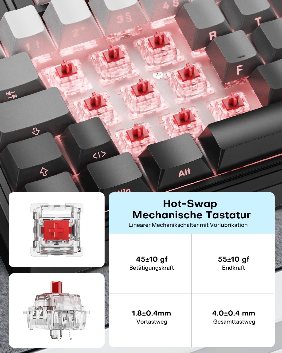 Thumbnail 3 de OMOTON 75% Mechanische Gaming Tastatur Kabellos mit QWERTZ ISO, Hot-Swap, QMK VIA, 4000mAh Akku – MK212