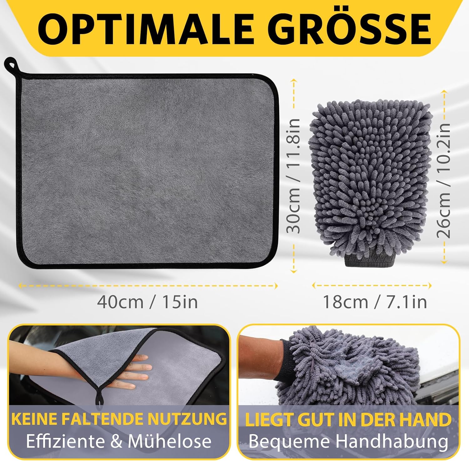 Detalle de KEYAYE Autopflege-Set mit 3 Mikrofasertüchern & 2 Mikrofaser-Waschhandschuhen (600 GSM, 40x30 cm)