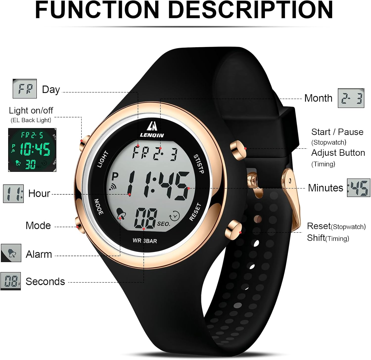 Thumbnail 5 de LN LENQIN Damen Digitaluhr mit Stoppuhr, Kalender und Silikonband – sportlicher Chronograph-Style