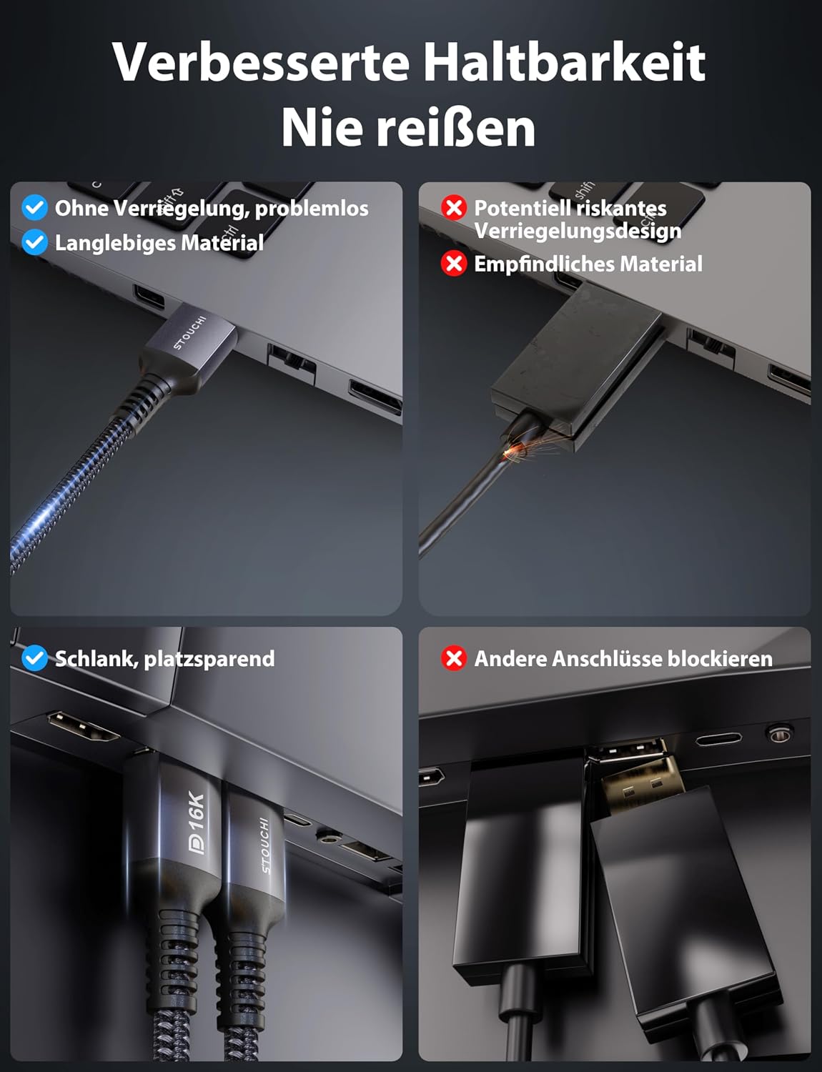 Detalle de Stouchi DisplayPort Kabel 2.1 DP2.1/2.0, 2,5 m – Hochleistungs-Kabel für Gaming und High-End-Displays