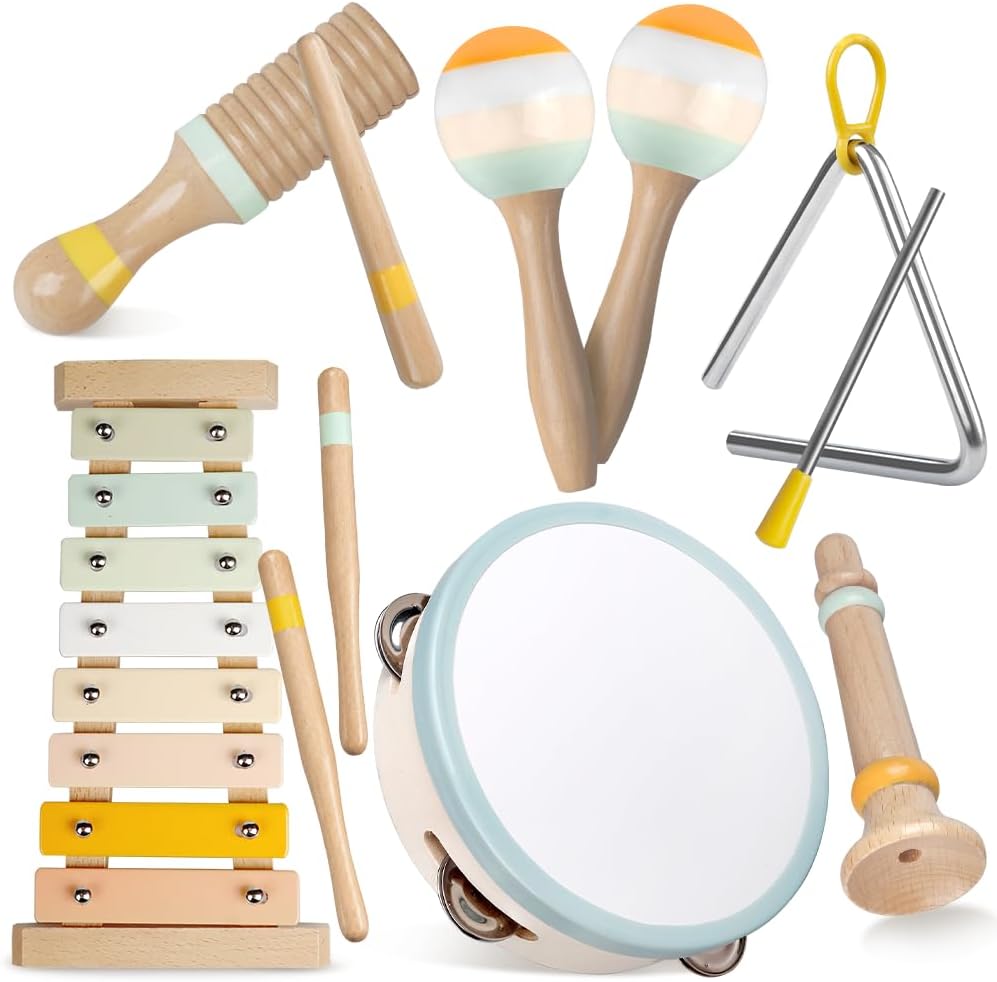 Imagen de Baby Musical Instruments Montessori Wooden Toys Set (Neutral Colors) with Xylophone for Toddlers 1–3 en OfertitasTOP