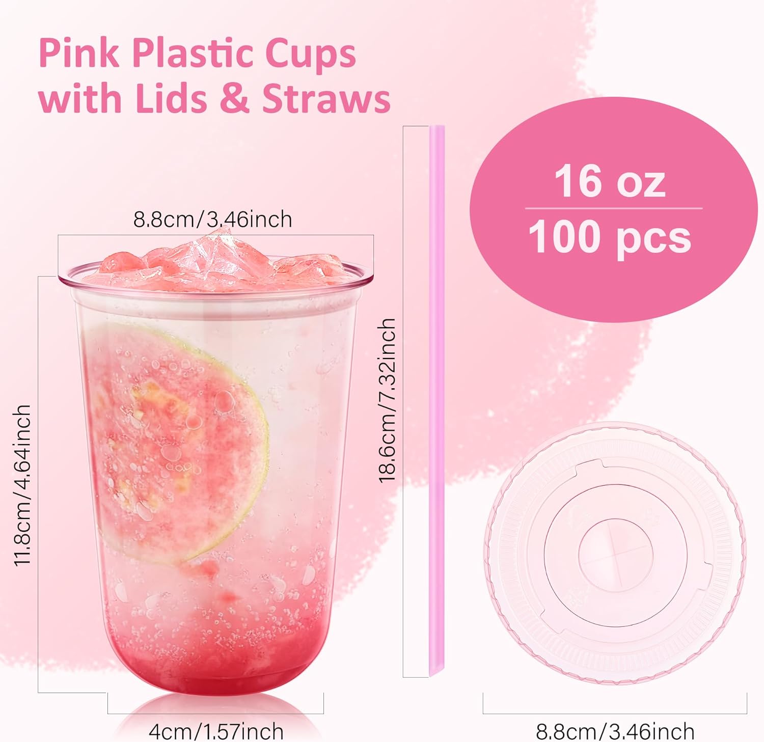 Thumbnail 1 de tchrules 100 Set 16oz Pink Plastic Cups with Lids & Straws — Disposable to Go Cups for Cold Drinks