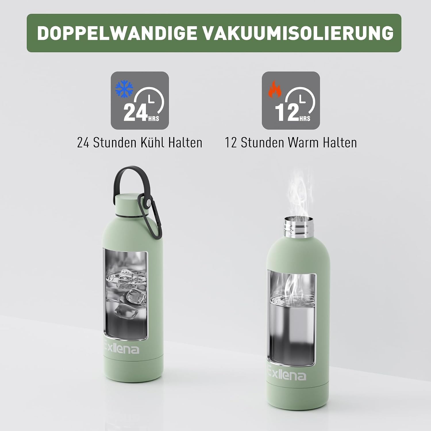 Detalle de Exllena Edelstahl-Trinkflasche mit Griff & Karabiner, isolierte Thermosflasche 500 ml (Flechtengrün)