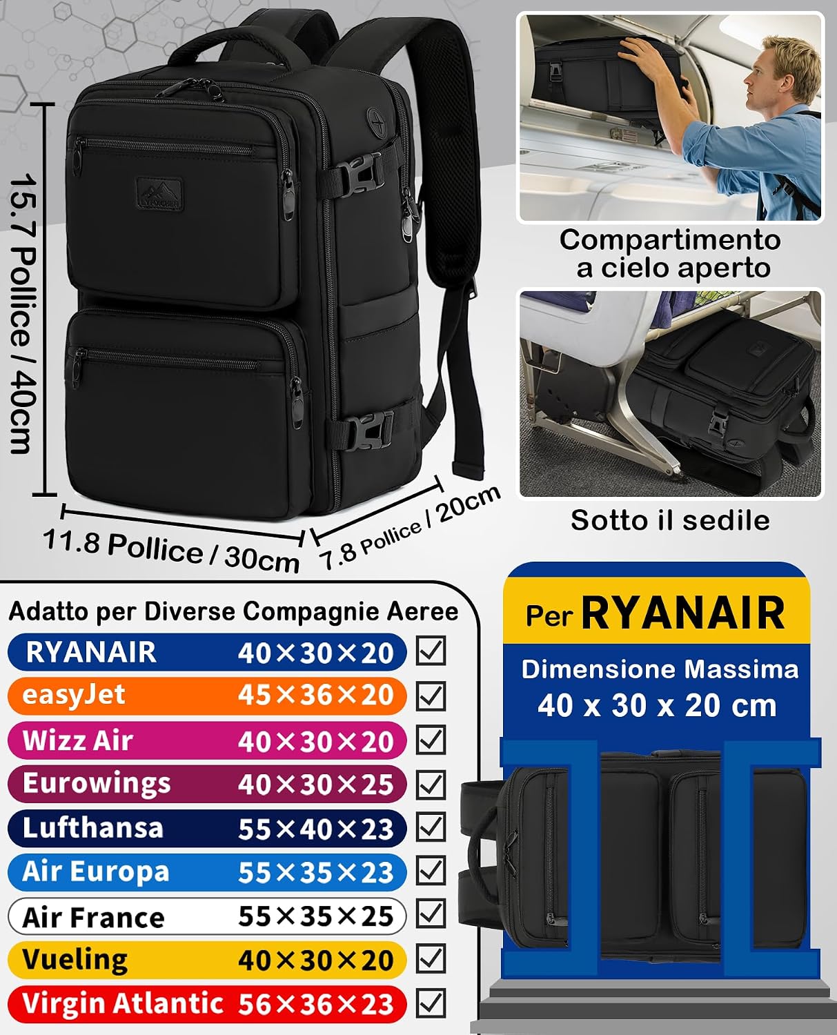 Detalle de LYNXCHER Zaino Ryanair 40x30x20 Bagaglio a Mano 24L, Nero