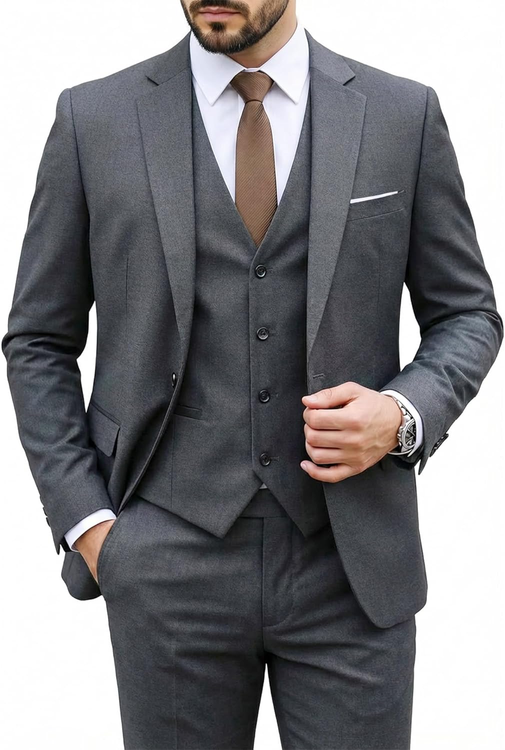 Detalle de MY'S Men's 3 Piece Suit Set with Tie — Slim Fit, One Button Jacket (Jacket, Vest, Pants) for Weddings, Prom, Interviews