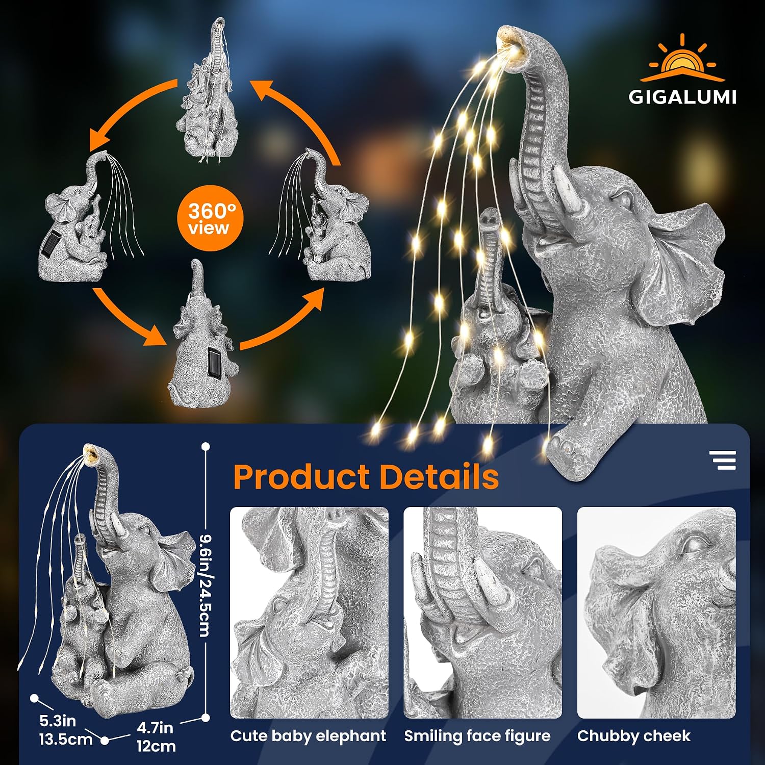 Detalle de GIGALUMI Solar Garden Statues Embrace Elephant figurine with solar lights for outdoor patio and yard decor