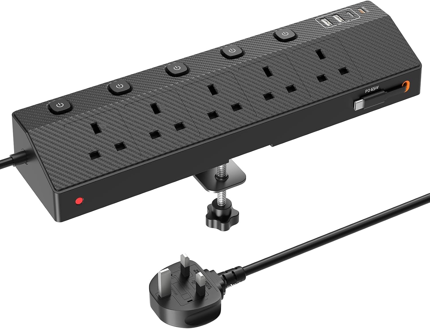 Detalle de Desk Extension Lead 1.8M with PD 65W USB‑C, 5 AC Sockets, 2 USB‑A and 3 USB‑C Ports, Retractable Cable & Desk Clamp