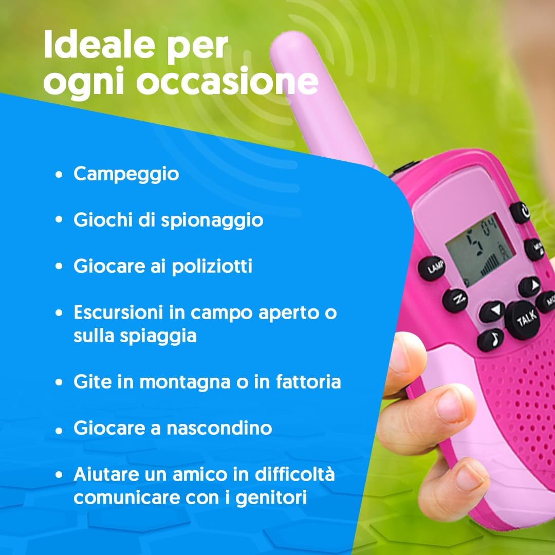 Thumbnail 3 de NK Walkie-Talkie per bambini 4-9 anni con batterie incluse, 22 canali e torcia LED (rosa/viola), portata fino a 3 km