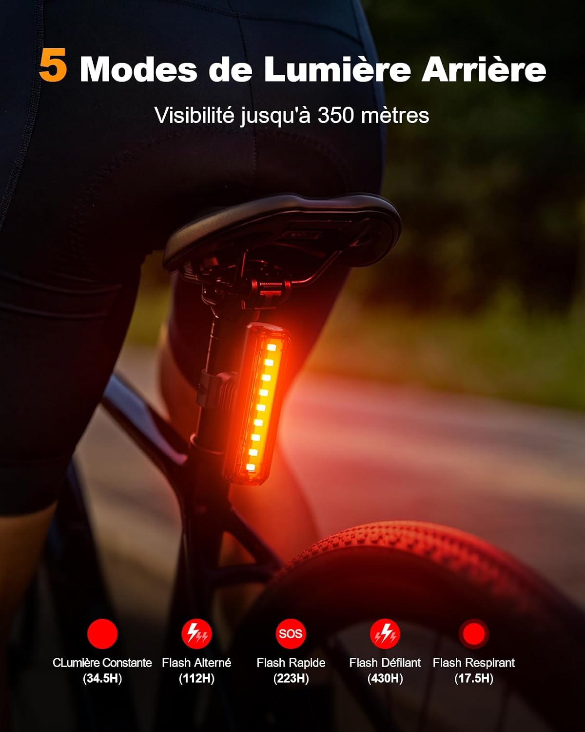 Detalle de Mohard fietslampenset met voor- en achterlicht, 1200 lumen, USB-C en IP65
