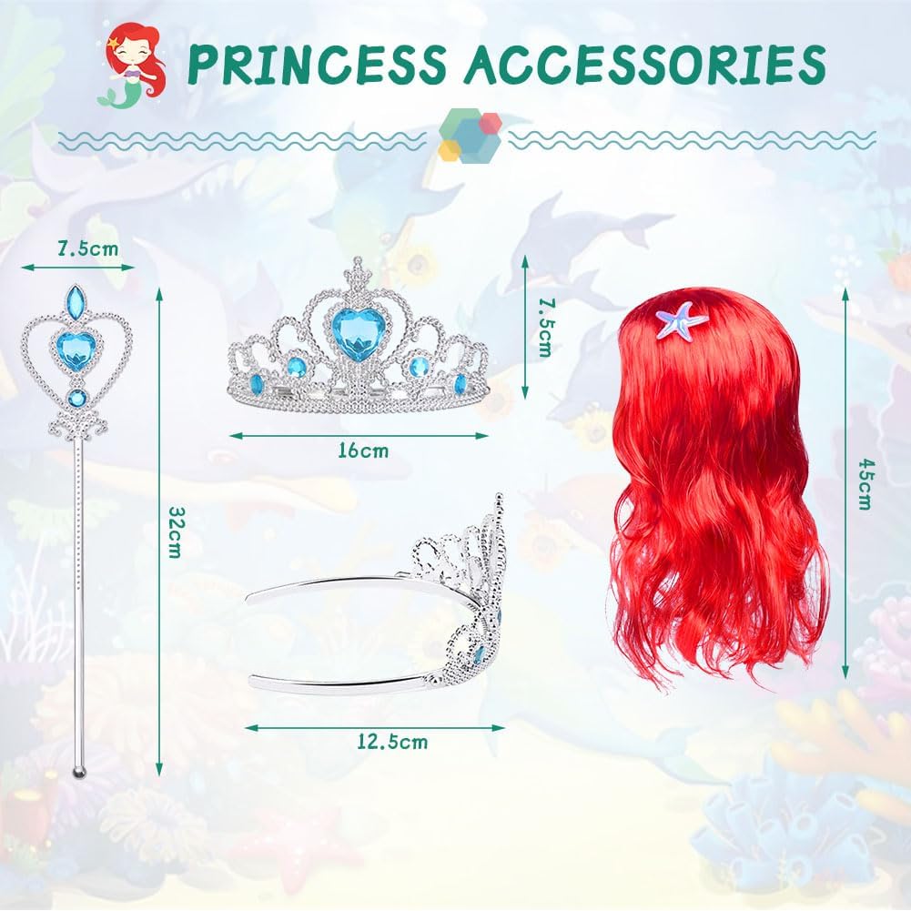 Detalle de AUYAO Vestito Sirenetta per Bambina – Costume di Prinsesi Ariel con Parrucca e Corono