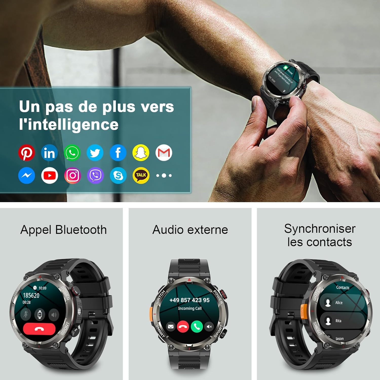 Detalle 2 de IOWODO Montre Connectée Homme : 120+ modes sportifs, IP68 et éclairage LED intégré
