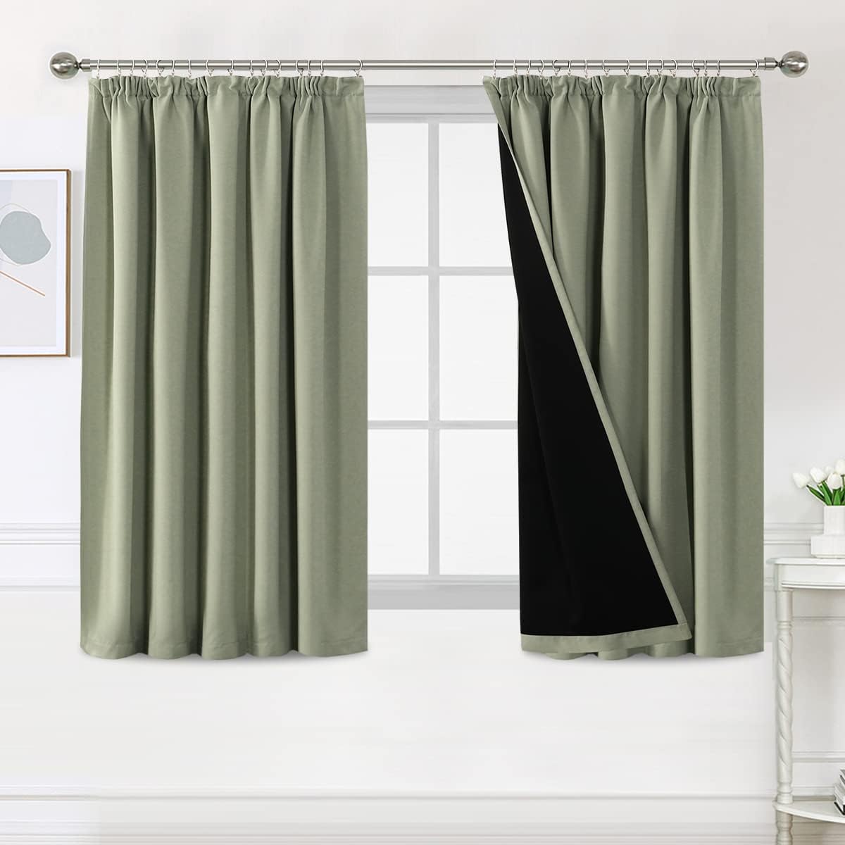Detalle de BellaHills 100% Blackout Curtains for Bedroom (2 Panels, 46 x 54 Inch) with Black Liner, Light Sage
