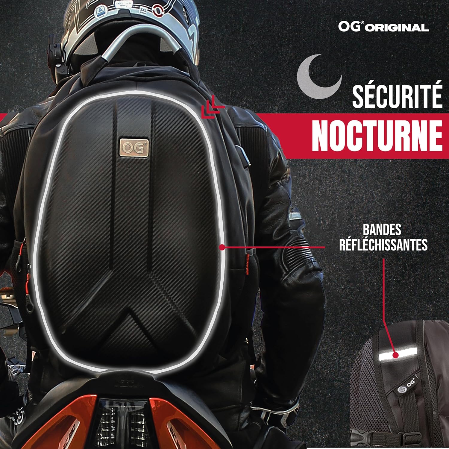 Detalle 2 de OG Original GetAway sac à dos moto étanche extensible 35L/45L pour homme, compartiment casque et USB
