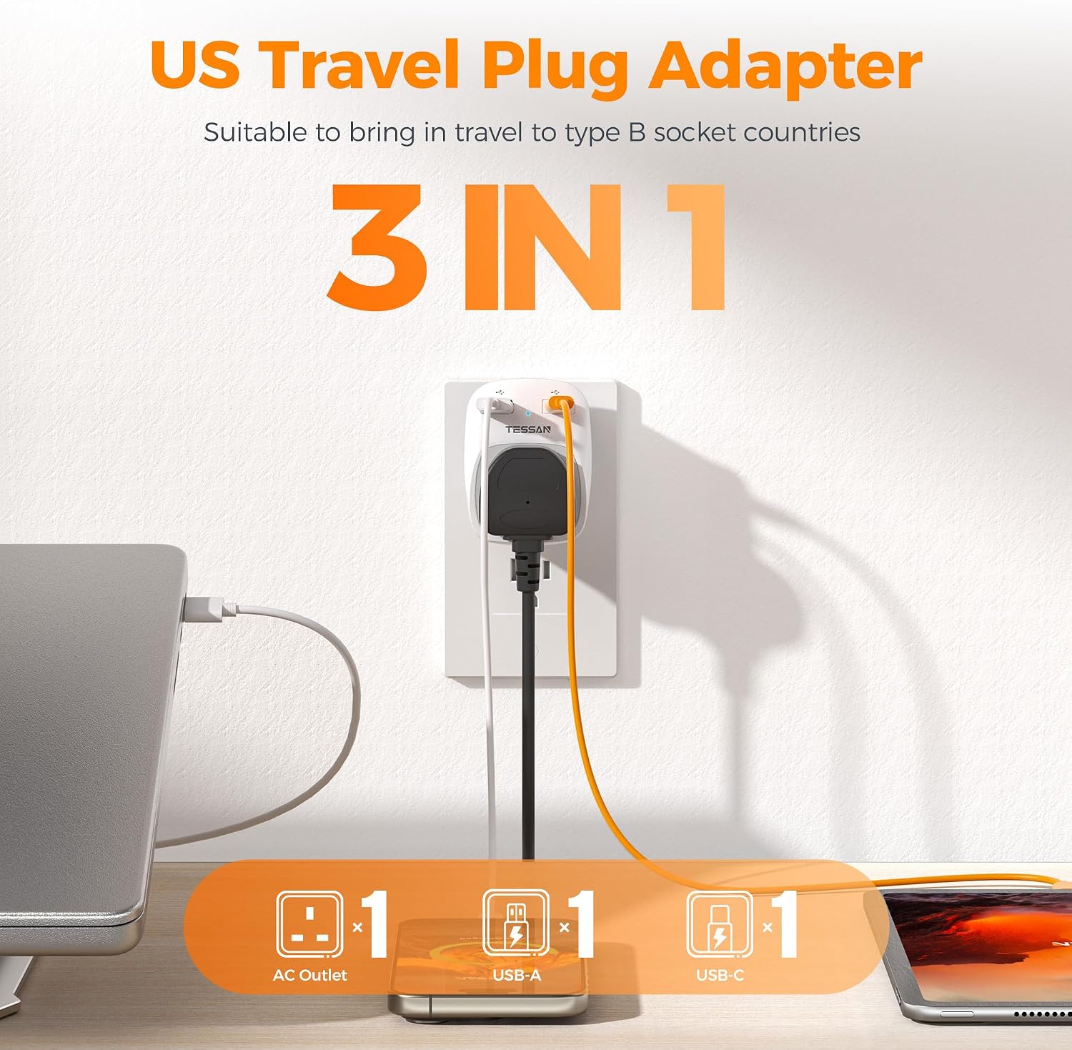 Thumbnail 1 de TESSAN UK to US Plug Adapter 2 Pack