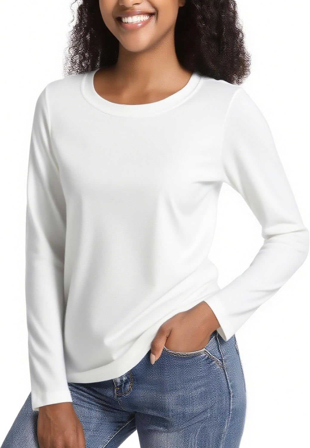 Detalle de TACVASEN Langarmshirts für Damen aus Baumwolle mit Rundhalsausschnitt – klassisches Basic für Yoga & Alltag