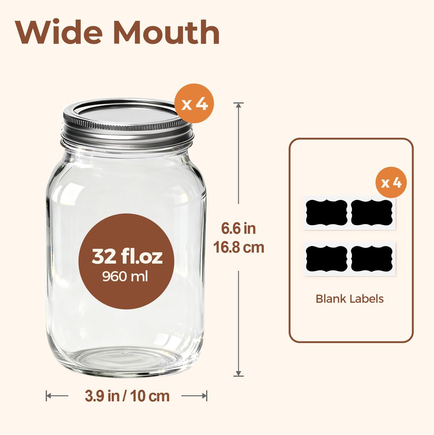 Detalle 2 de ComSaf Wide-Mouth Mason Jars 32 oz