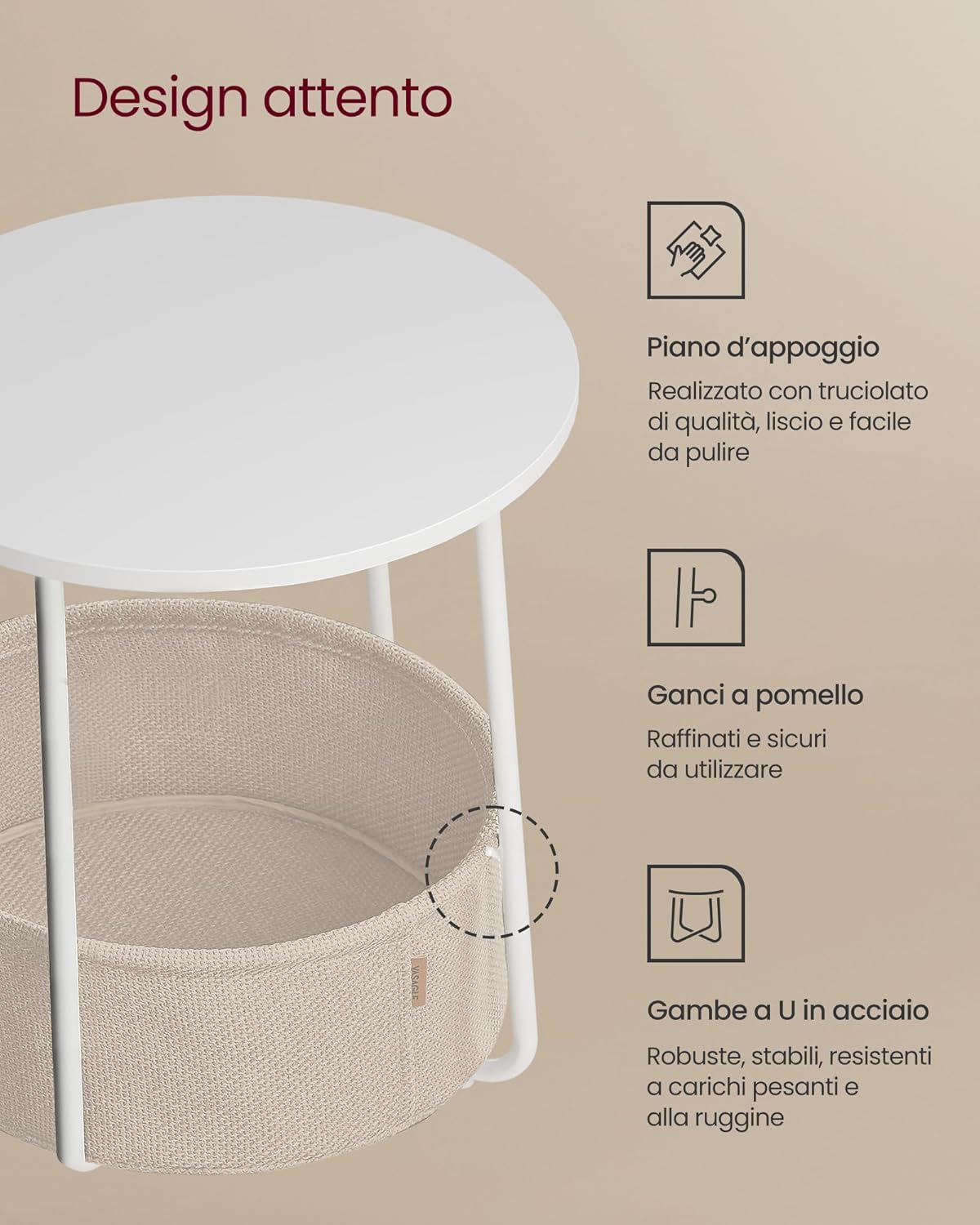 Detalle de VASAGLE Tavolino Rotondo con Cestino in Tessuto LET223W10: stile moderno e praticità per soggiorno o camera