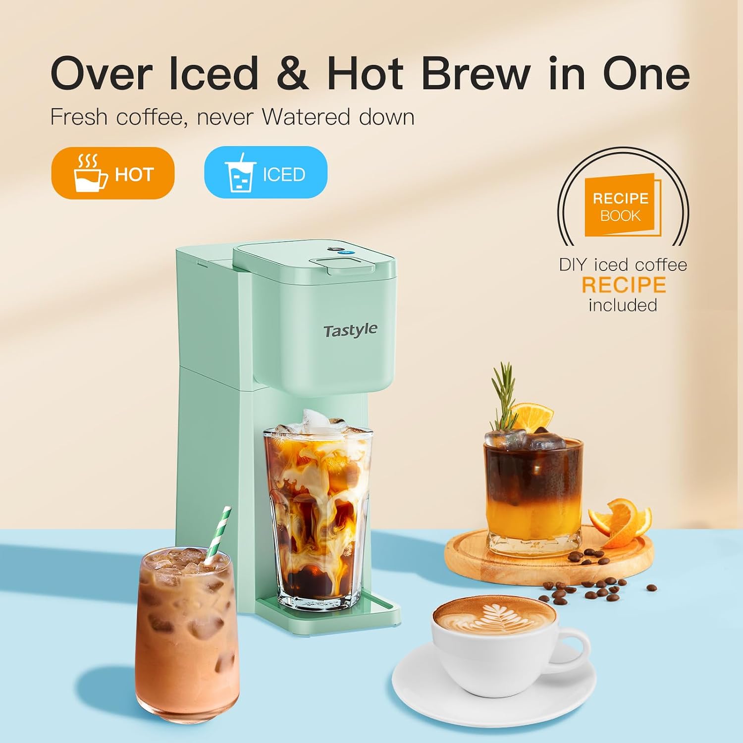 Detalle de Tastyle Mini Hot and Iced Coffee Maker: 1-Serve, K Cup or Grounds, 6–14oz, Mint