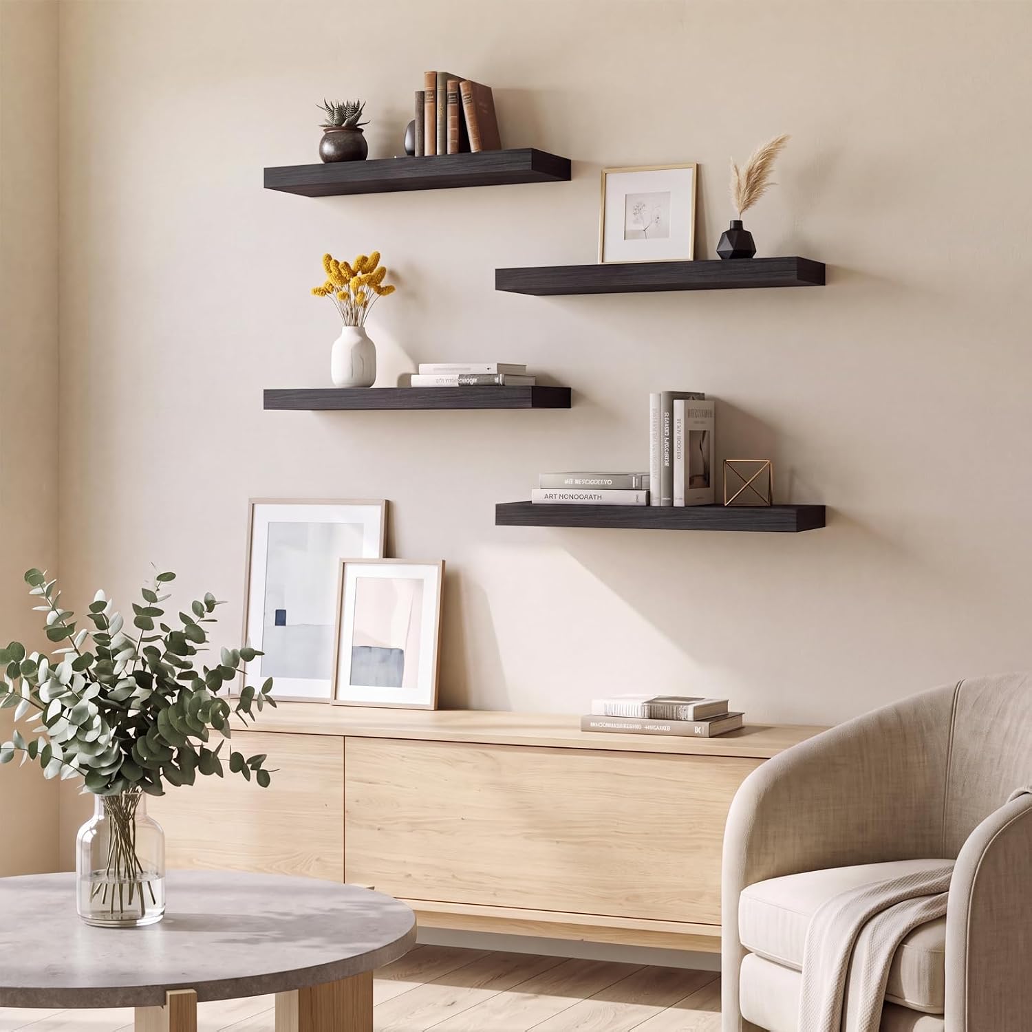 Thumbnail 6 de Fixwal Black Floating Shelves for Wall (Set of 4) — Rustic Wood Style Storage & Decor Shelves, 15.8 Inch