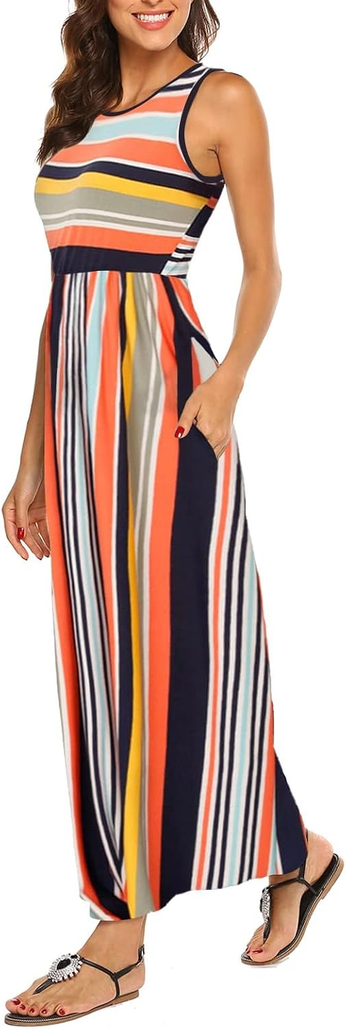 Detalle 2 de BDTECAOR Maxikleid Damen Sommer Boho ärmellos mit Taschen – tanktopartiges Strandkleid mit elastischem Bund