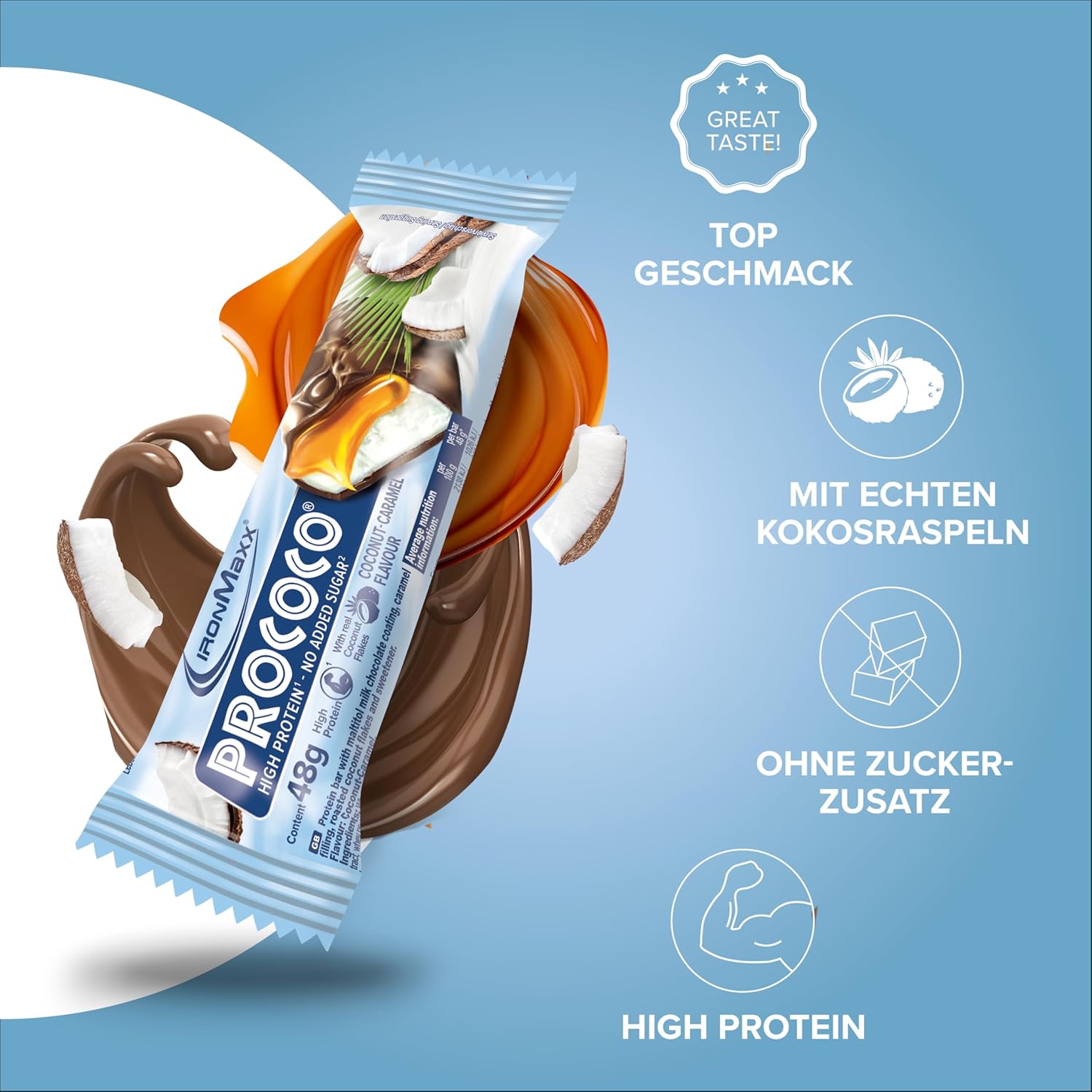 Detalle de IronMaxx Prococo Coconut Caramel – High Protein Riegel mit Kokosraspeln, 24 x 48 g
