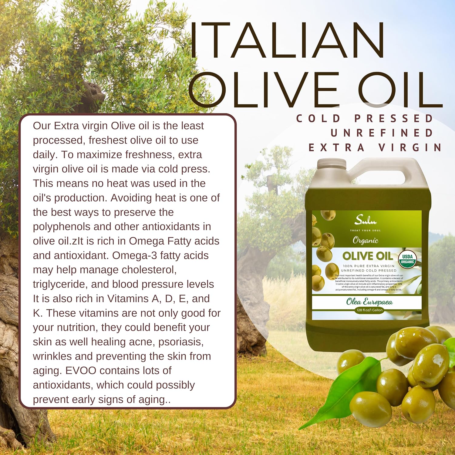 Detalle 2 de SULU ORGANICS Organic Extra Virgin Olive Oil, 64 fl oz, Cold-Pressed