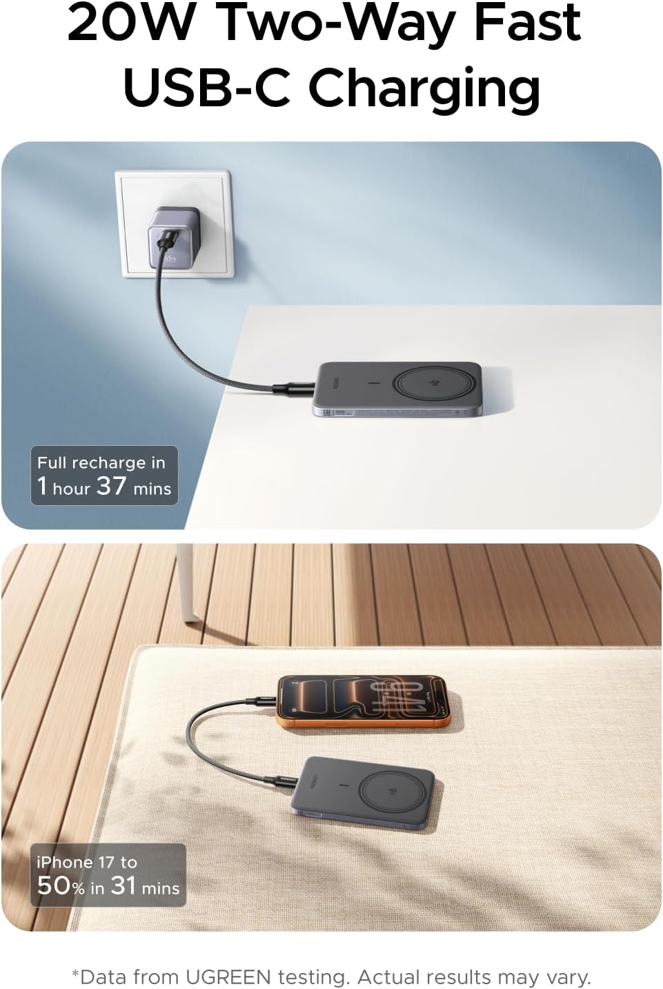 Detalle de UGREEN Nexode Ultra-Slim 5000mAh Magnetic Power Bank with Qi2 (15W) & PD 20W USB-C
