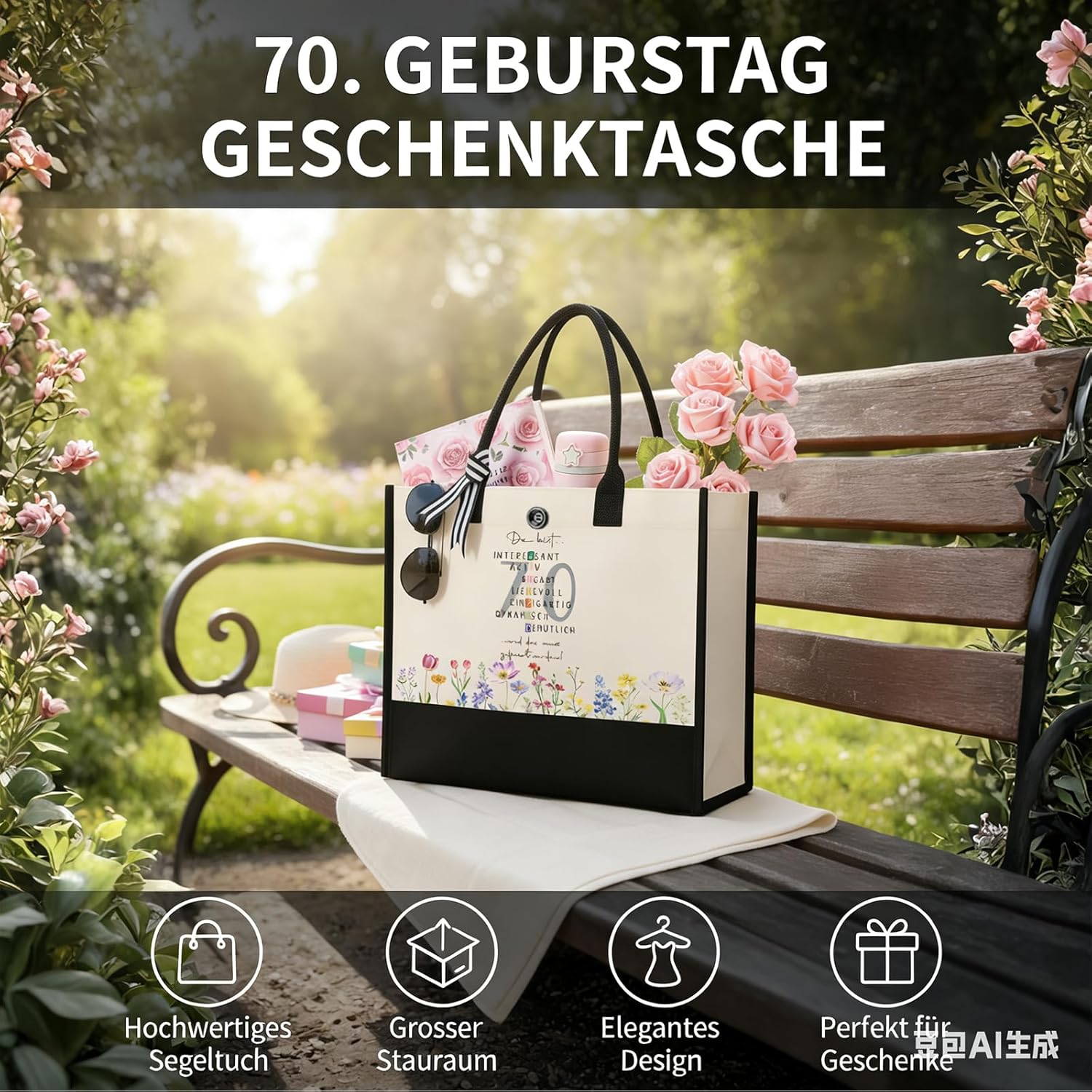Detalle de Johiux Geburtstags-Tragetasche aus recyceltem Canvas – 70. Geburtstag, langlebig & witzig