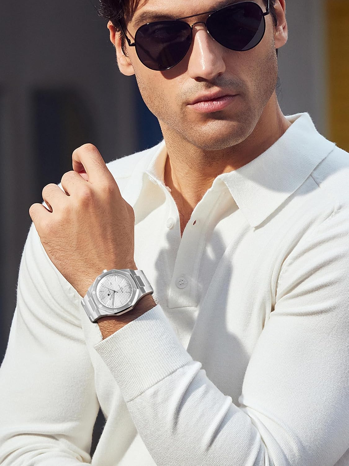 Detalle de SAPPHERO Montre homme octogonale à cadran damier, boîtier et bracelet en acier, quartz japonais