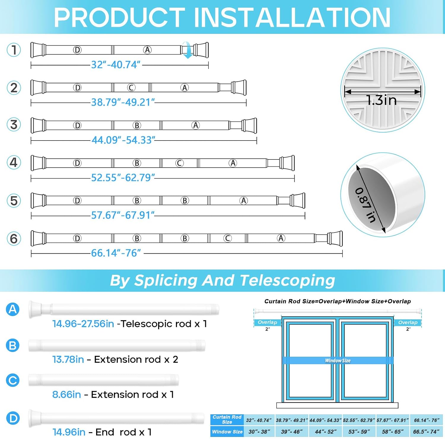 Thumbnail 2 de SISELBA 32-76IN Spring Tension Curtain Rod, White High-Carbon Steel
