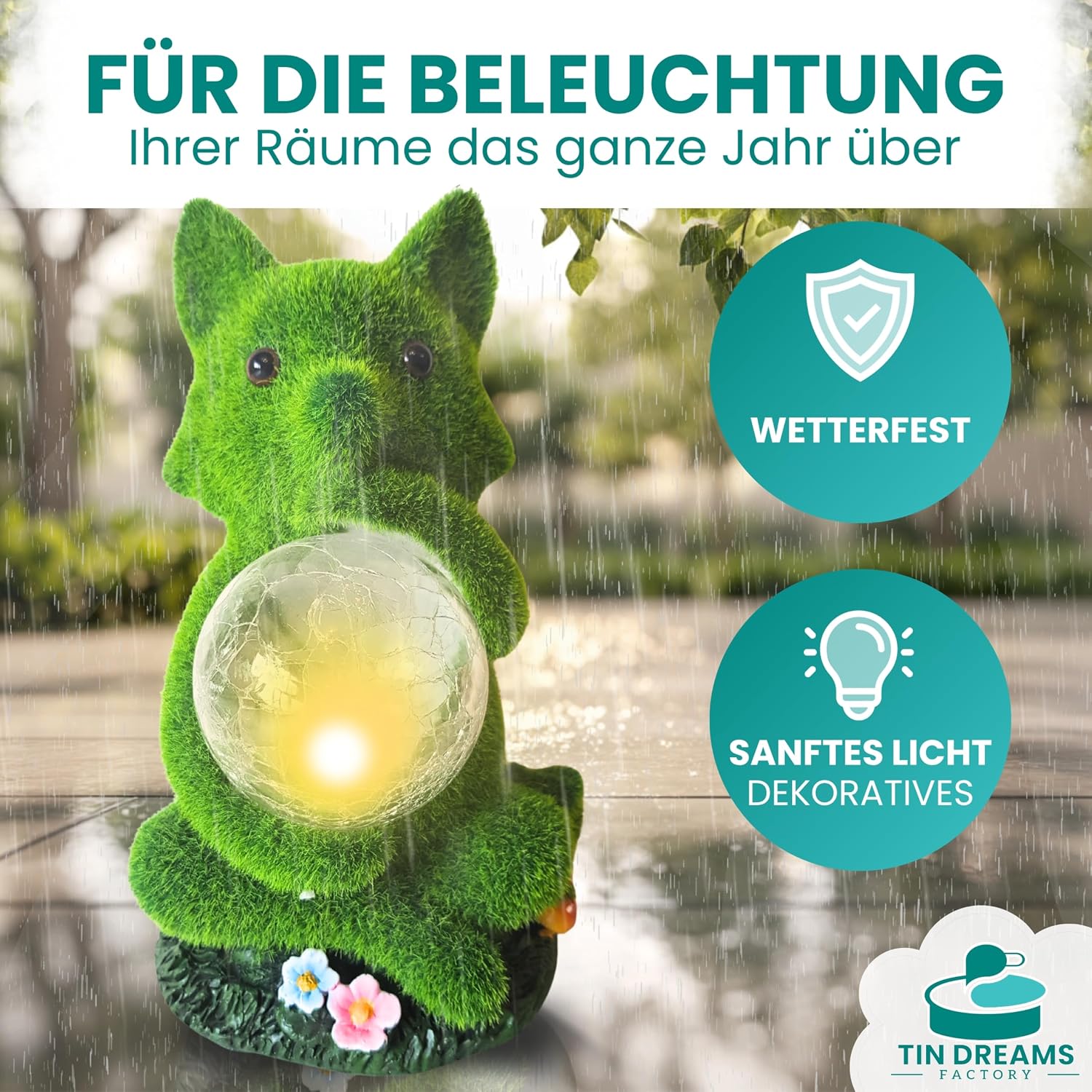 Detalle de TIN DREAMS FACTORY Solarfigur Fuchs für Garten – LED-Tierfigur aus wetterfestem Harz