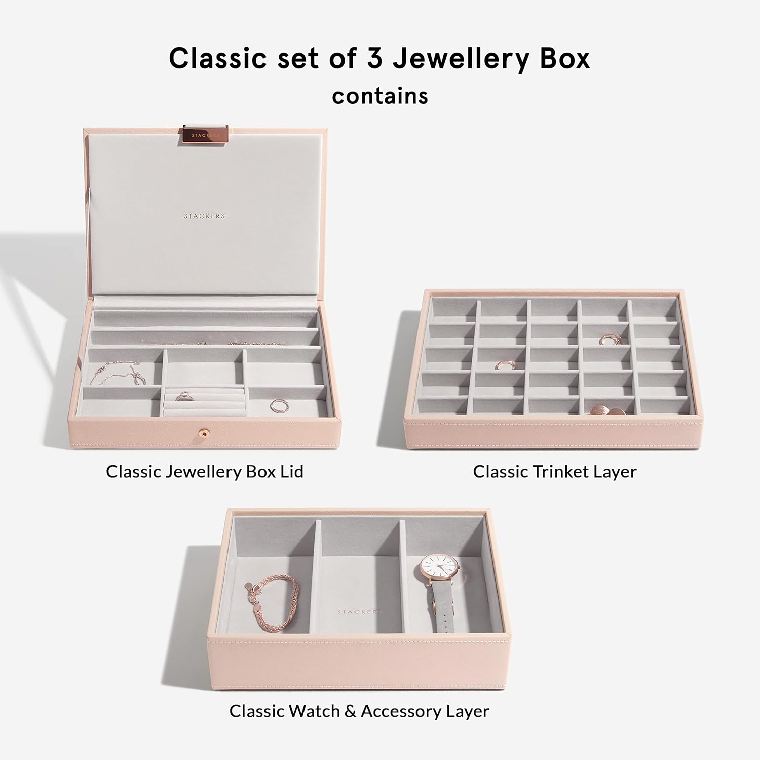 Detalle 2 de STACKERS Blush Klassisch Schmuckschatulle – 3 mit Samt-Futter (18 x 25 x 14 cm)