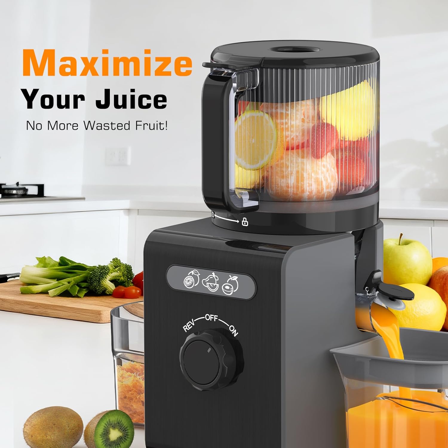 Detalle de Cold Press Juicer Machine with 6.5" Large Feed Chute (Black) — Auto-Feed for Whole Fruits & Vegetables