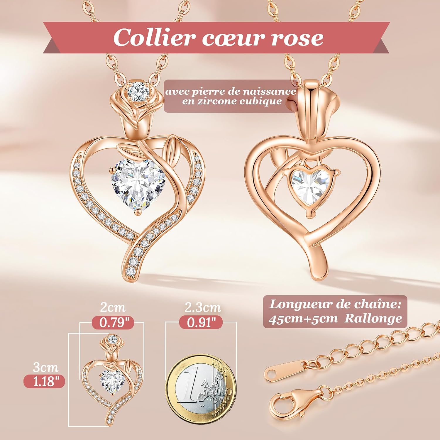 Detalle de Collier femme CDE bijoux pendentif cœur argent 925 avec zirconium cubique – chaîne réglable