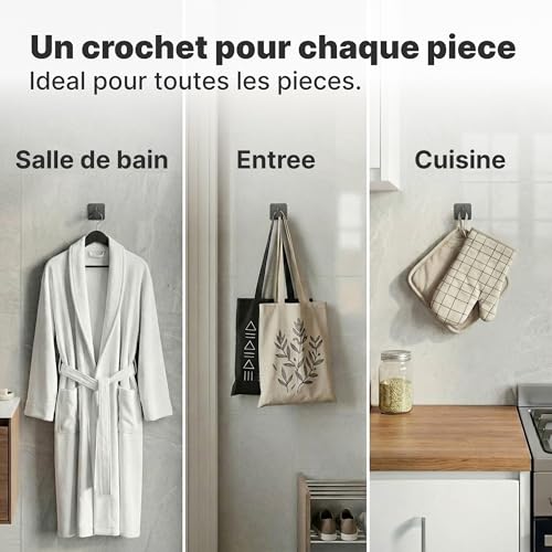 Detalle de MINISMUS Crochets Adhésifs Muraux Sans Percage – Lot de 6, 5 kg chacun, Acier Inoxydable Noir